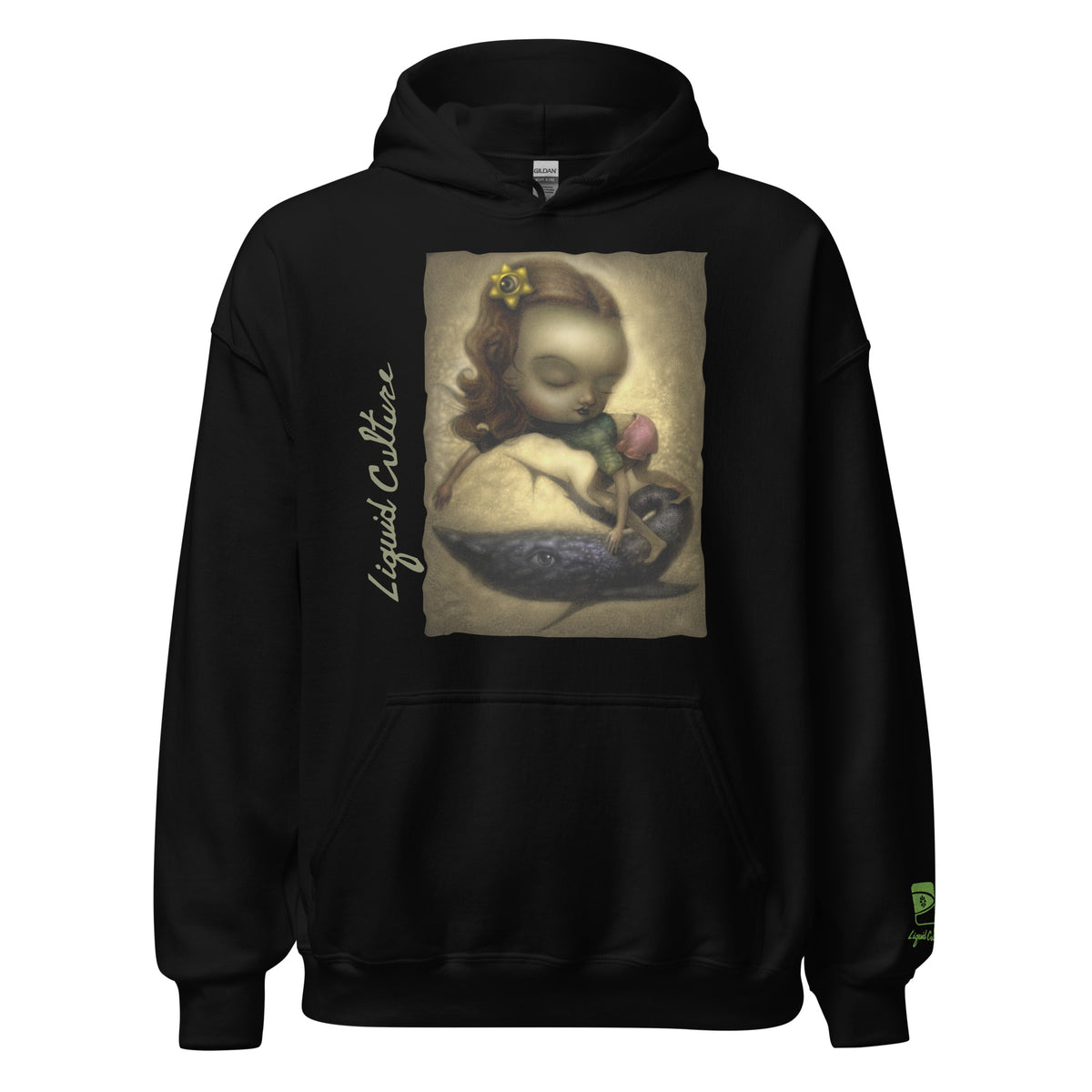 Print of Liquid Girl original art featuring whimsical girl and whale artwork on a beach. On black hoodie.