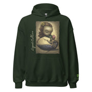 Print of Liquid Girl original art featuring whimsical girl and whale artwork on a beach. On dark green hoodie.