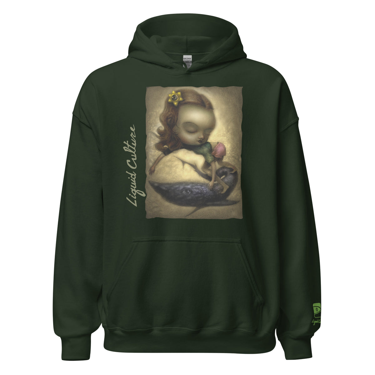 Print of Liquid Girl original art featuring whimsical girl and whale artwork on a beach. On dark green hoodie.
