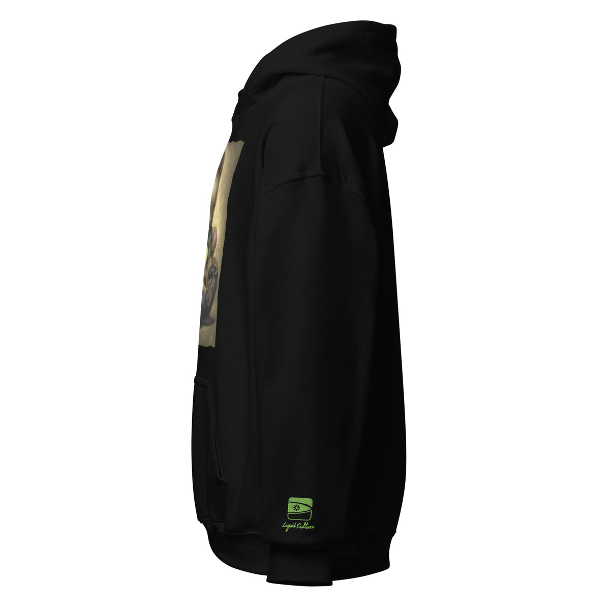 Close-up of kiwi green Liquid Culture logo embroidery on the left sleeve of a black Liquid Girl hoodie.