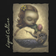 Close up print of Liquid Girl original art featuring whimsical girl and whale artwork on a beach. On blackhoodie.