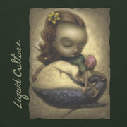 Close up print of Liquid Girl original art featuring whimsical girl and whale artwork on a beach. On dark green hoodie.