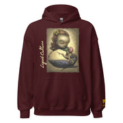 Print of Liquid Girl original art featuring whimsical girl and whale artwork on a beach. On maroon hoodie.