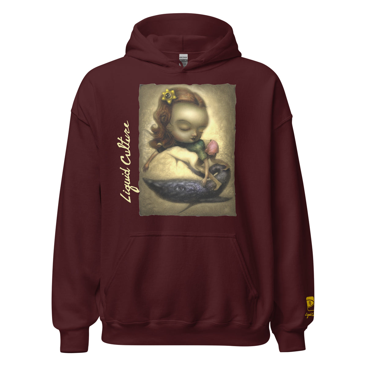 Print of Liquid Girl original art featuring whimsical girl and whale artwork on a beach. On maroon hoodie.