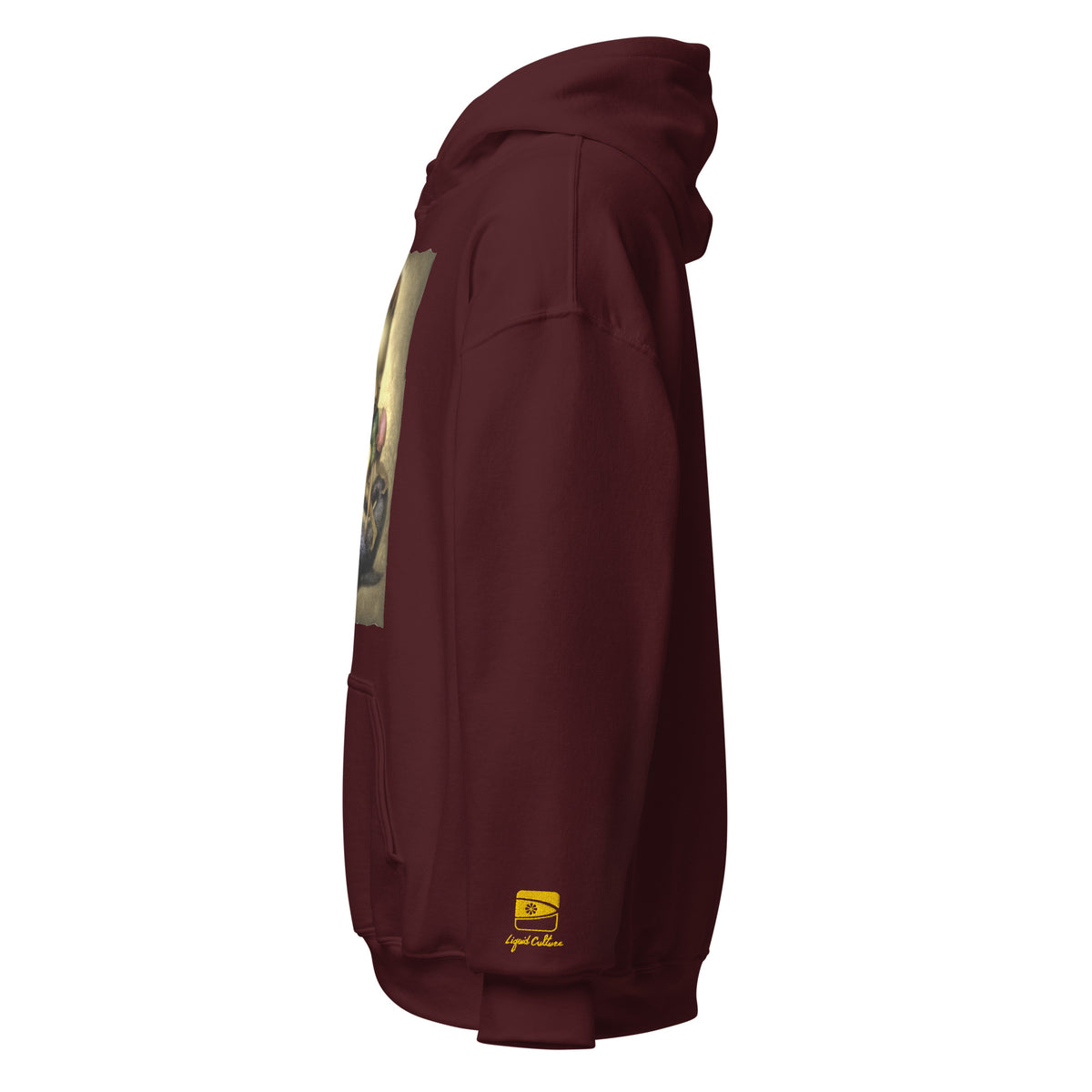 Close-up of yellow Liquid Culture logo embroidery on the left sleeve of a maroon Liquid Girl hoodie.