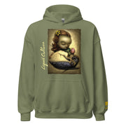 Print of Liquid Girl original art featuring whimsical girl and whale artwork on a beach. On army green hoodie.