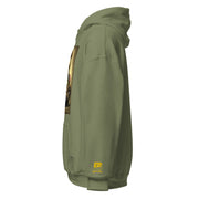 Close-up of yellow Liquid Culture logo embroidery on the left sleeve of an army green Liquid Girl hoodie.