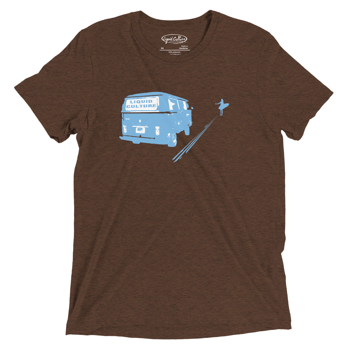 BUS men's graphic tee in Brown with light blue Liquid Culture bus artwork