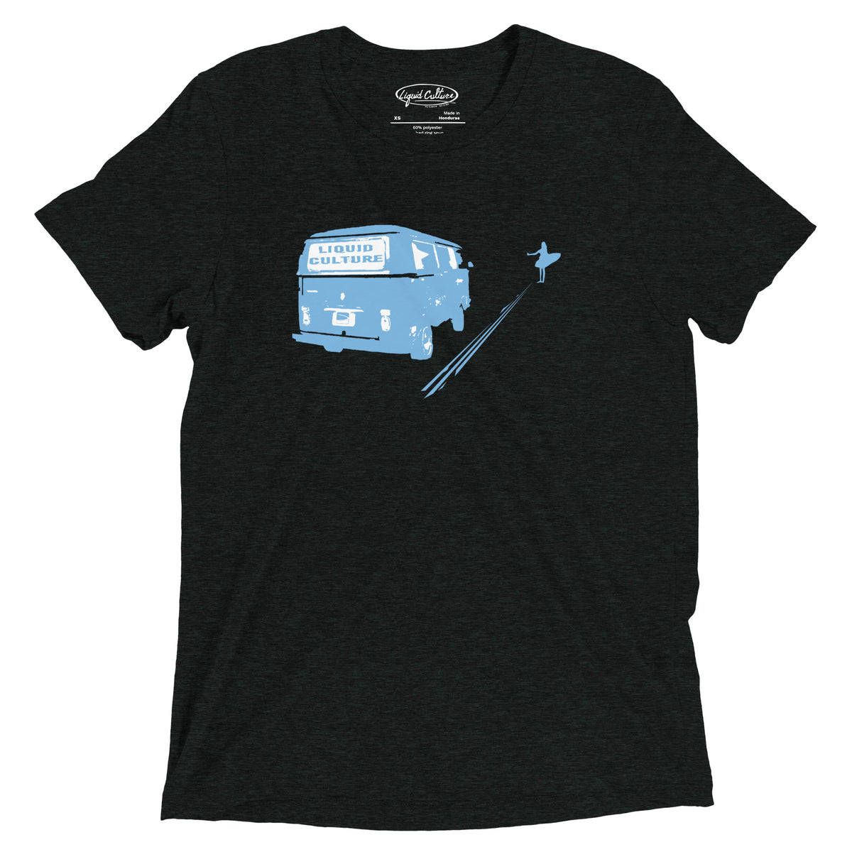 BUS men's graphic tee in Black with light blue Liquid Culture bus artwork