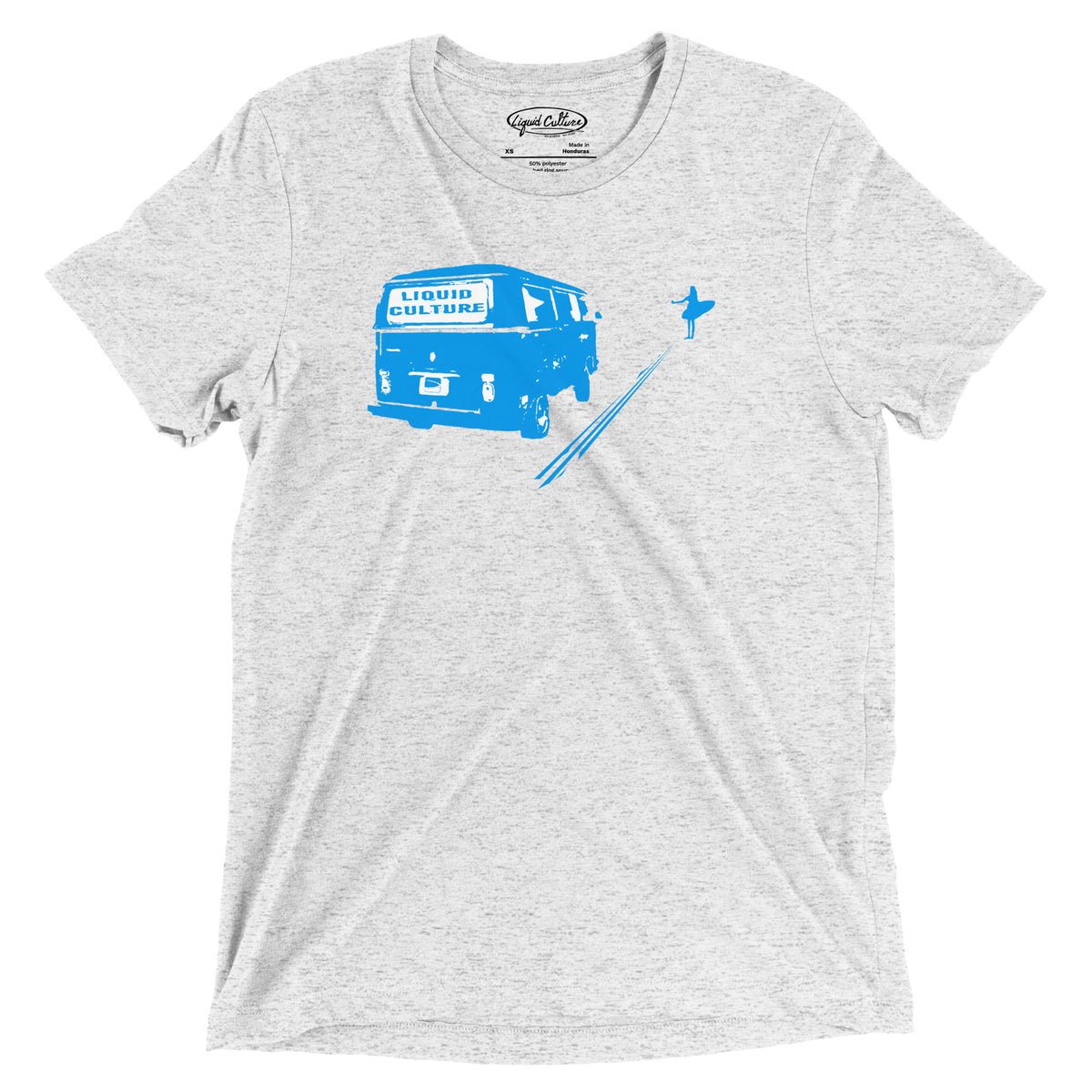 BUS men's graphic tee in White Fleck with bright blue Liquid Culture bus artwork